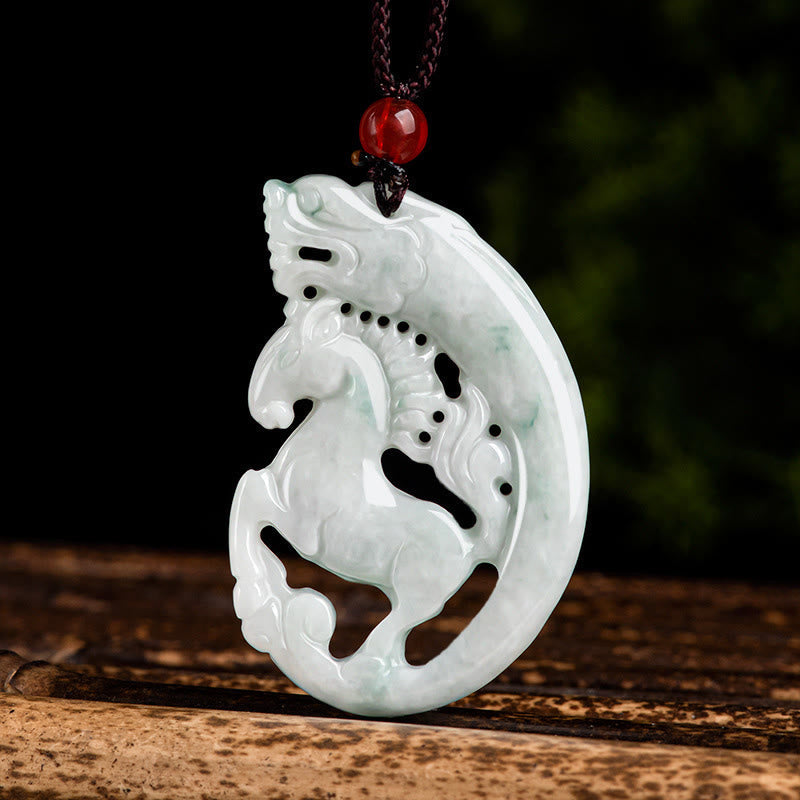 Nimara Ritual Year of the Horse Dragon Jade Prosperity Rope Necklace Pendant