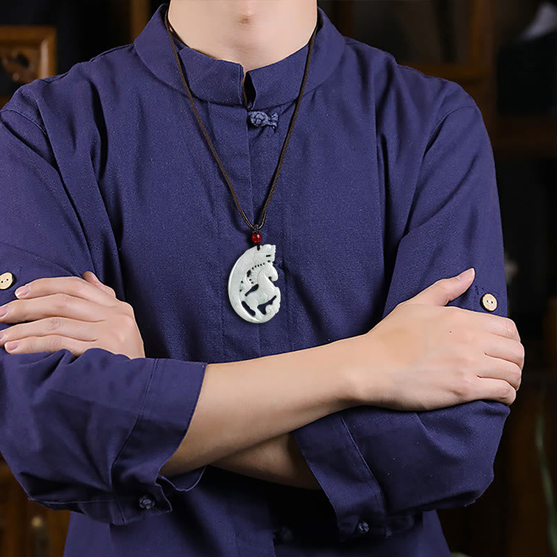 Nimara Ritual Year of the Horse Dragon Jade Prosperity Rope Necklace Pendant