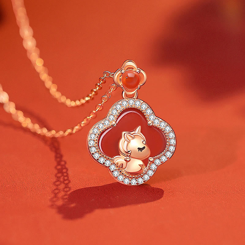 Nimara Ritual 925 Sterling Silver Year Of The Horse Four Leaf Clover Red Agate Calm Necklace Pendant
