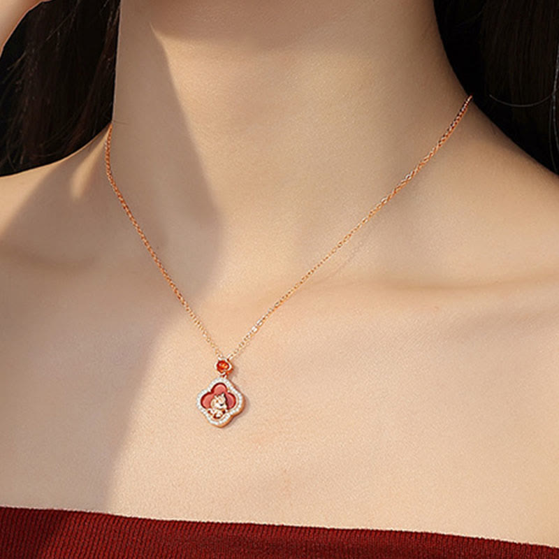 Nimara Ritual 925 Sterling Silver Year Of The Horse Four Leaf Clover Red Agate Calm Necklace Pendant