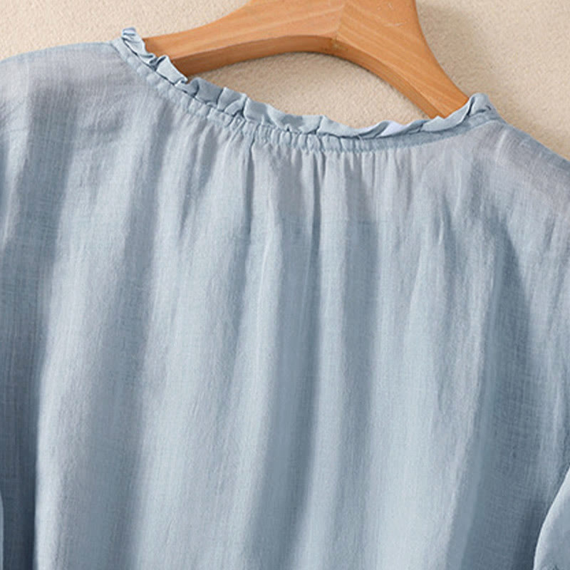 Nimara Ritual Casual Plain Button Floral Embroidered Design Puff Half Sleeve Women's Shirt