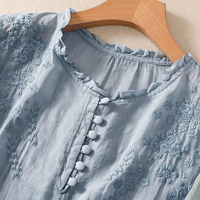 Nimara Ritual Casual Plain Button Floral Embroidered Design Puff Half Sleeve Women's Shirt