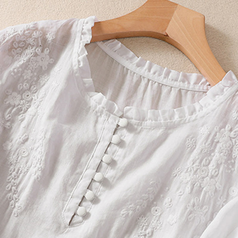 Nimara Ritual Casual Plain Button Floral Embroidered Design Puff Half Sleeve Women's Shirt