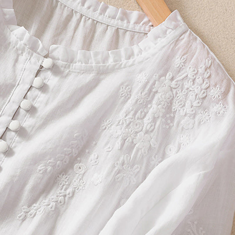 Nimara Ritual Casual Plain Button Floral Embroidered Design Puff Half Sleeve Women's Shirt