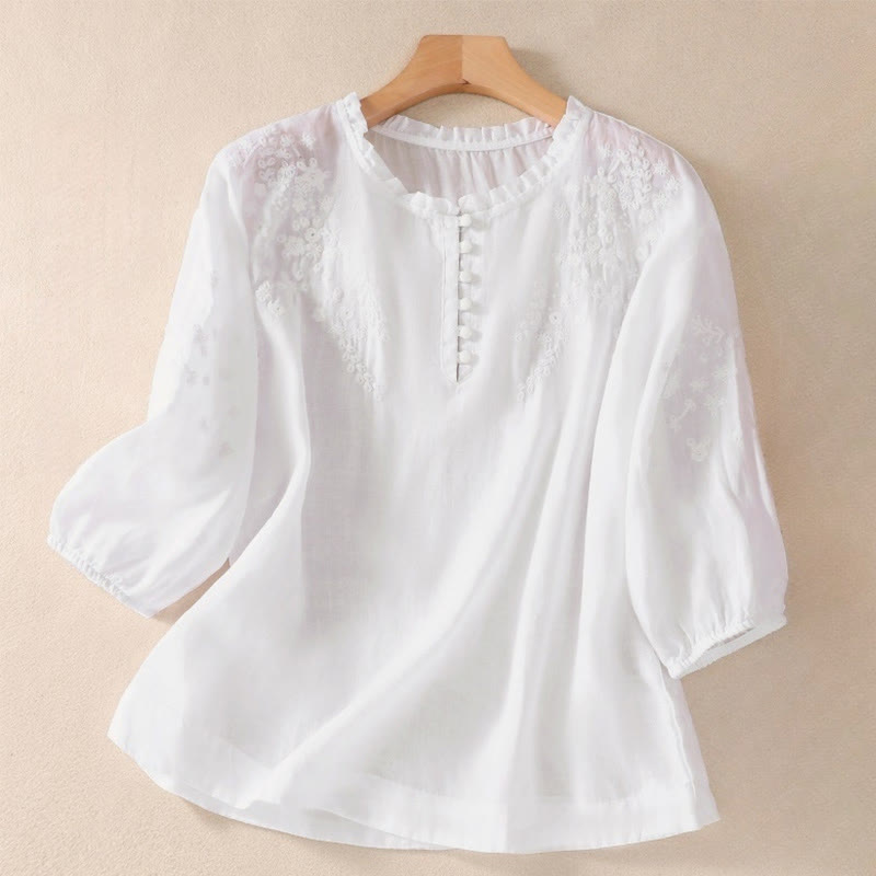Nimara Ritual Casual Plain Button Floral Embroidered Design Puff Half Sleeve Women's Shirt