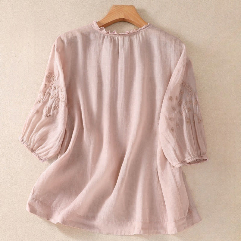 Nimara Ritual Casual Plain Button Floral Embroidered Design Puff Half Sleeve Women's Shirt