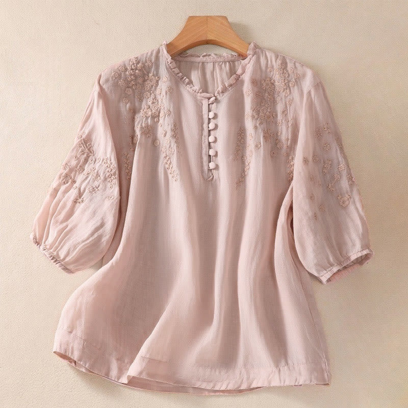 Nimara Ritual Casual Plain Button Floral Embroidered Design Puff Half Sleeve Women's Shirt