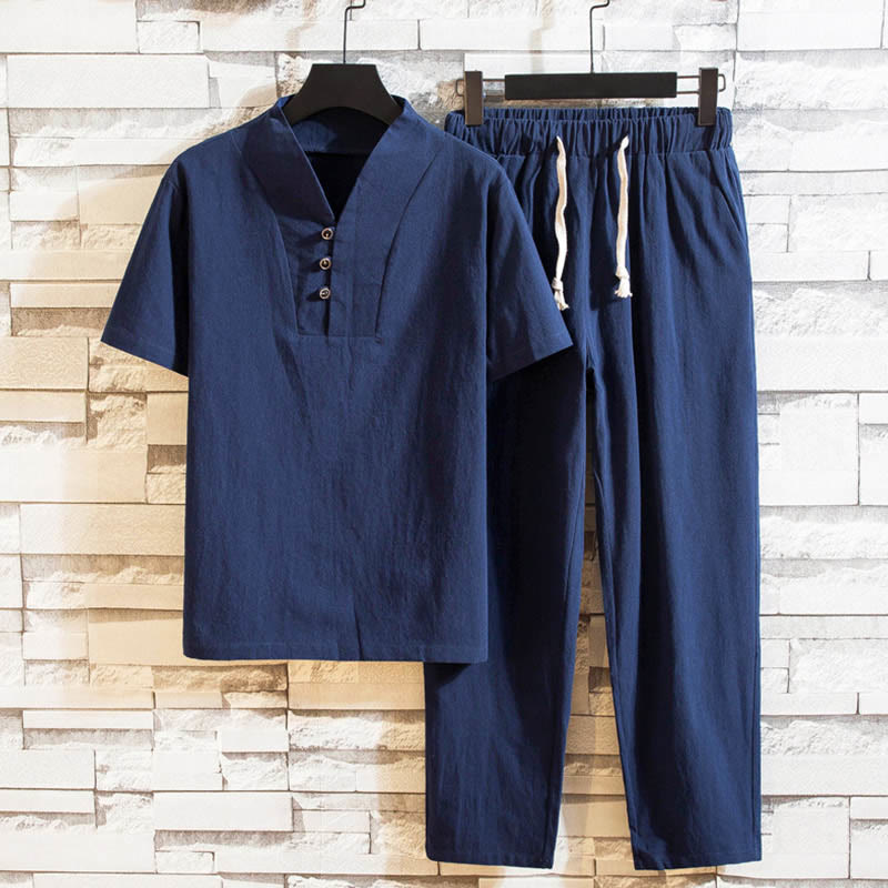 Nimara Ritual 2Pcs Solid Color Cotton Button Short Sleeve T-shirt Pants Men's Set