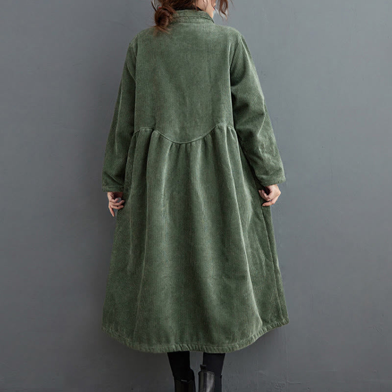 Nimara Ritual Plain Buttons Long Sleeve Women's Corduroy Fleece-Lined Coat With Pockets