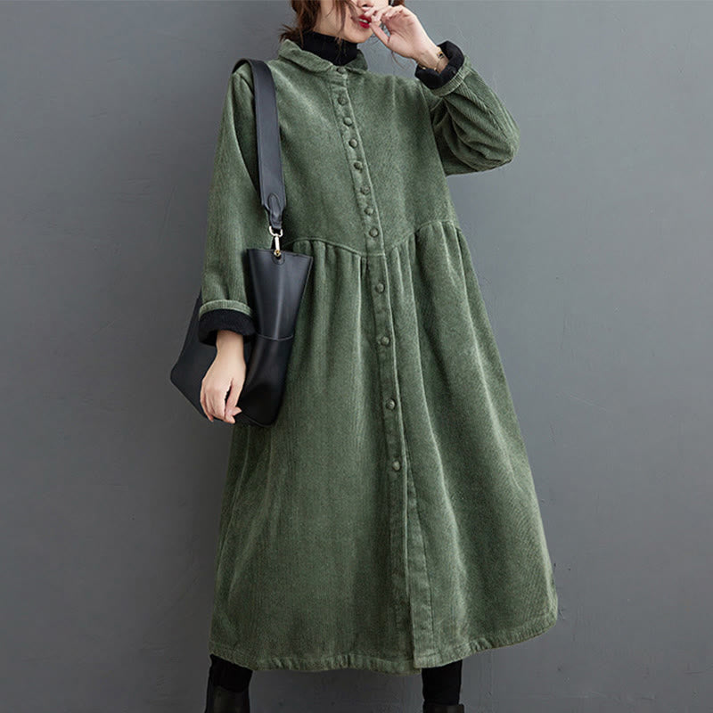 Nimara Ritual Plain Buttons Long Sleeve Women's Corduroy Fleece-Lined Coat With Pockets