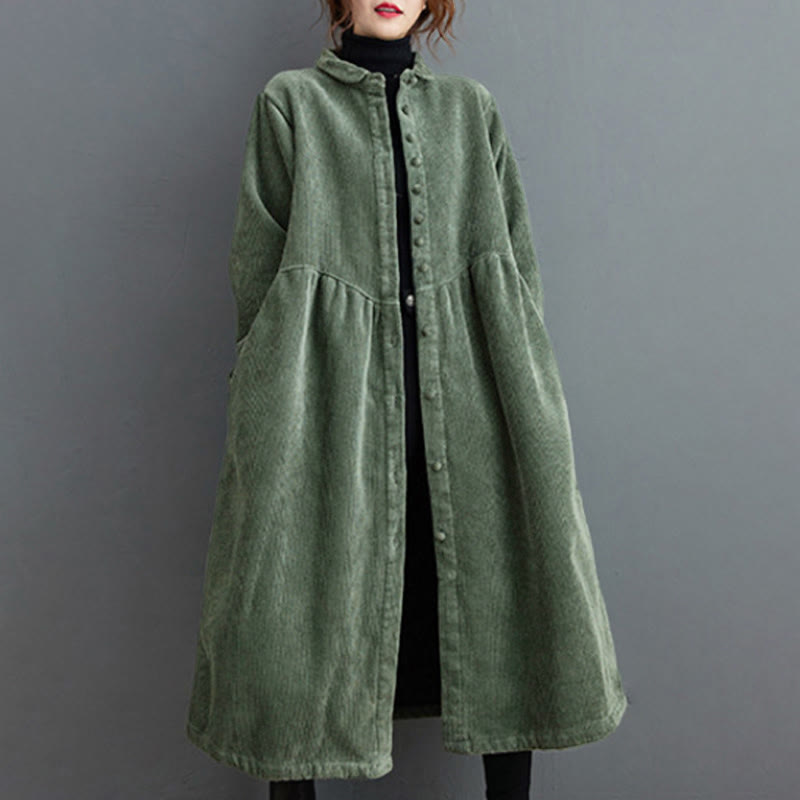 Nimara Ritual Plain Buttons Long Sleeve Women's Corduroy Fleece-Lined Coat With Pockets