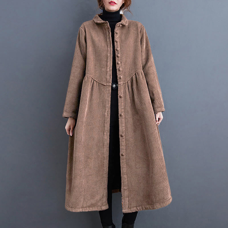 Nimara Ritual Plain Buttons Long Sleeve Women's Corduroy Fleece-Lined Coat With Pockets