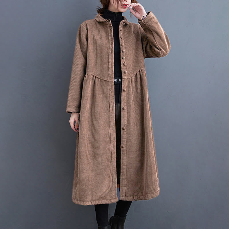 Nimara Ritual Plain Buttons Long Sleeve Women's Corduroy Fleece-Lined Coat With Pockets