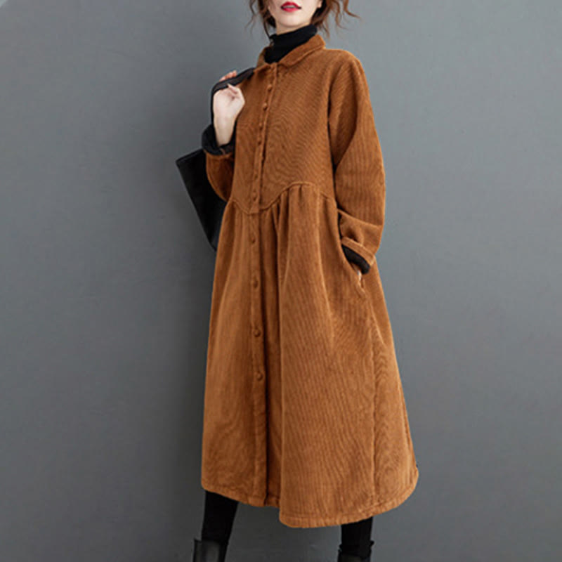 Nimara Ritual Plain Buttons Long Sleeve Women's Corduroy Fleece-Lined Coat With Pockets