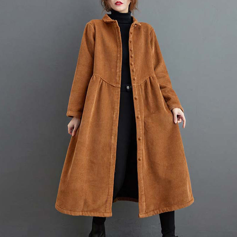 Nimara Ritual Plain Buttons Long Sleeve Women's Corduroy Fleece-Lined Coat With Pockets