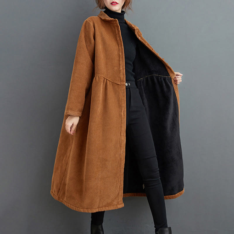 Nimara Ritual Plain Buttons Long Sleeve Women's Corduroy Fleece-Lined Coat With Pockets