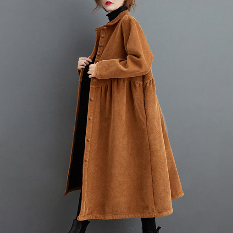 Nimara Ritual Plain Buttons Long Sleeve Women's Corduroy Fleece-Lined Coat With Pockets