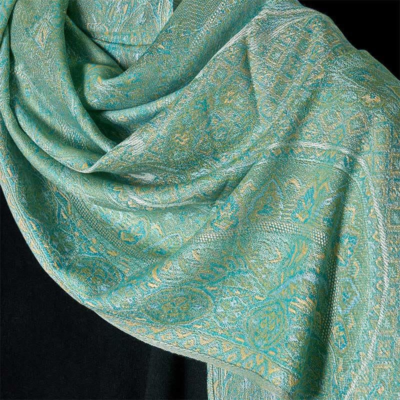 Nimara Ritual Spring Green Cashew Flower Geometric Jacquard Pattern Tassel Cozy Scarf Shawl