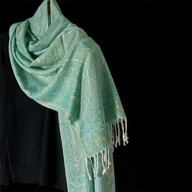 Nimara Ritual Spring Green Cashew Flower Geometric Jacquard Pattern Tassel Cozy Scarf Shawl