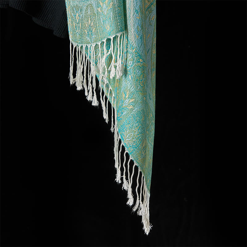 Nimara Ritual Spring Green Cashew Flower Geometric Jacquard Pattern Tassel Cozy Scarf Shawl