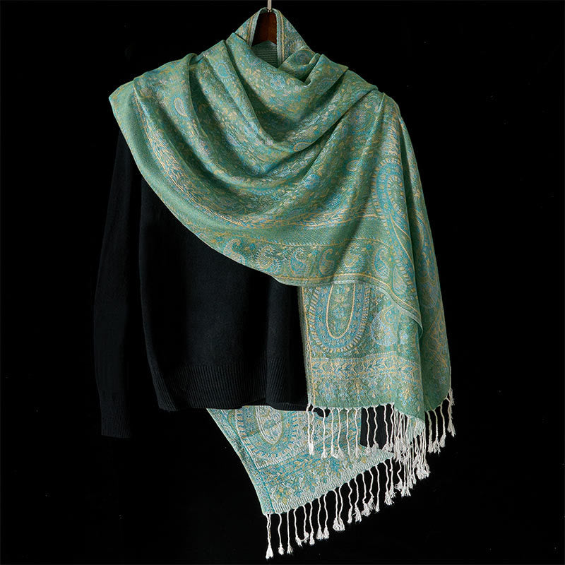 Nimara Ritual Spring Green Cashew Flower Geometric Stripes Pattern Tassel Cozy Scarf Shawl