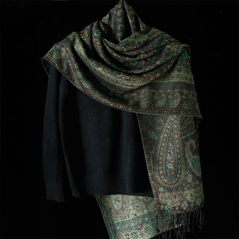 Nimara Ritual Spring Green Cashew Flower Geometric Stripes Pattern Tassel Cozy Scarf Shawl