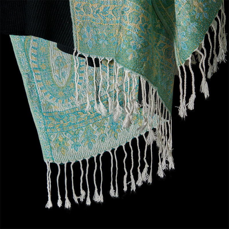 Nimara Ritual Spring Green Cashew Flower Geometric Stripes Pattern Tassel Cozy Scarf Shawl