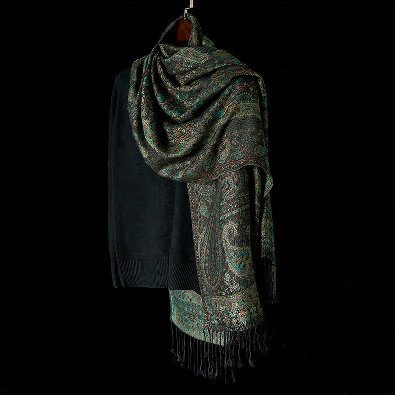 Nimara Ritual Spring Green Cashew Flower Geometric Stripes Pattern Tassel Cozy Scarf Shawl
