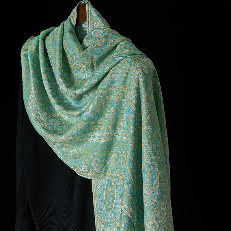 Nimara Ritual Spring Green Cashew Flower Geometric Stripes Pattern Tassel Cozy Scarf Shawl