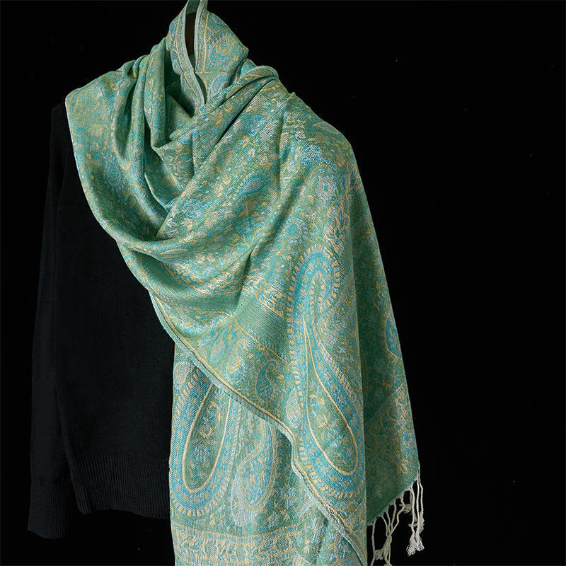 Nimara Ritual Spring Green Cashew Flower Geometric Stripes Pattern Tassel Cozy Scarf Shawl