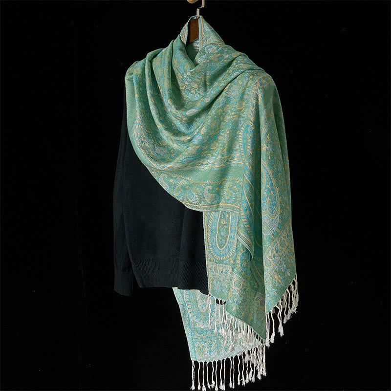 Nimara Ritual Spring Green Cashew Flower Geometric Stripes Pattern Tassel Cozy Scarf Shawl