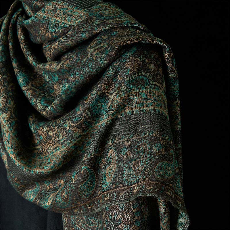 Nimara Ritual Spring Green Cashew Flower Geometric Stripes Pattern Tassel Cozy Scarf Shawl