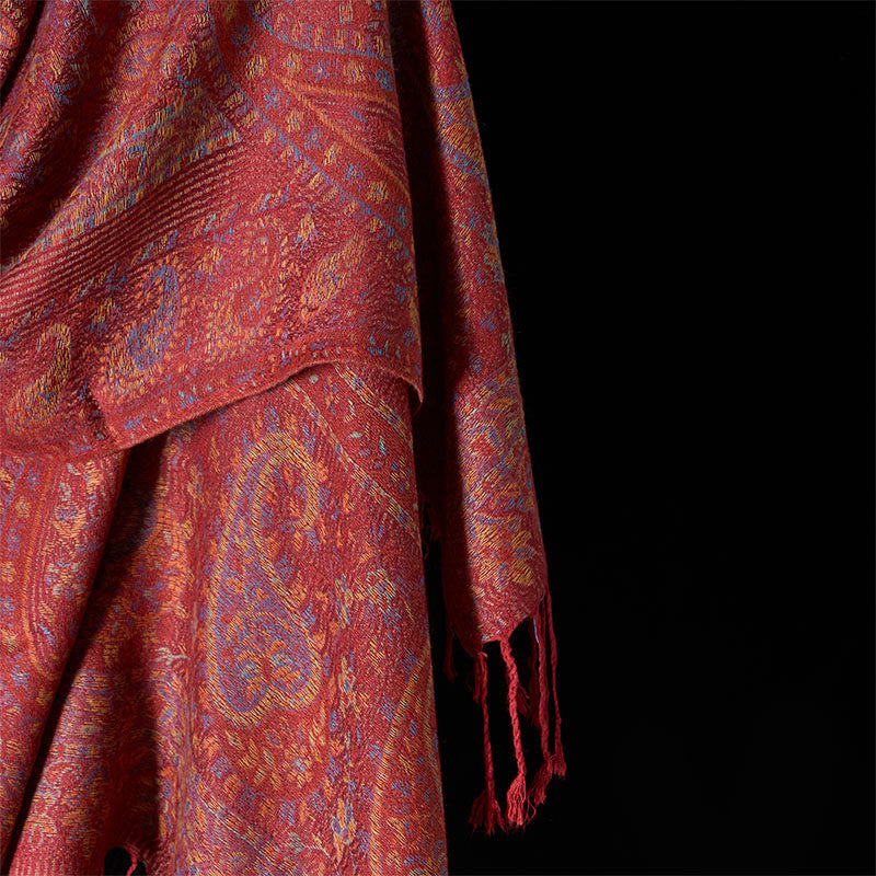 Nimara Ritual Spring Red Pink Cashew Flower Geometric Stripes Pattern Tassel Cozy Scarf Shawl