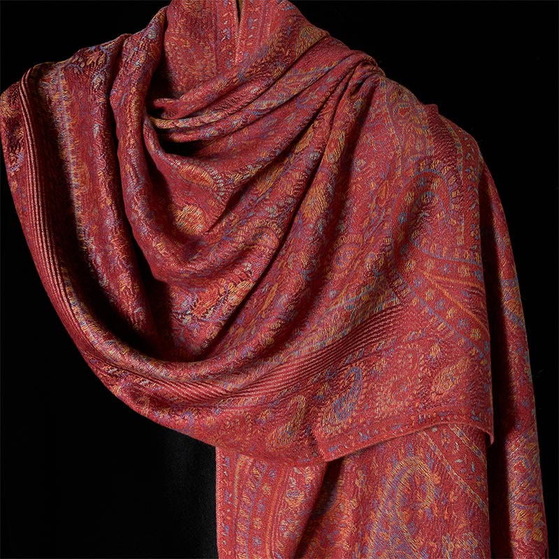 Nimara Ritual Spring Red Pink Cashew Flower Geometric Stripes Pattern Tassel Cozy Scarf Shawl