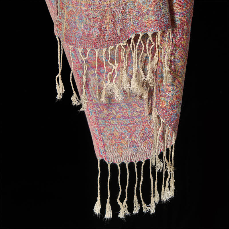 Nimara Ritual Spring Red Pink Cashew Flower Geometric Stripes Pattern Tassel Cozy Scarf Shawl