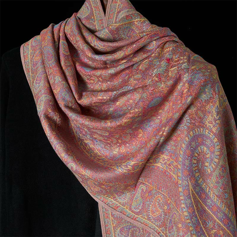 Nimara Ritual Spring Red Pink Cashew Flower Geometric Stripes Pattern Tassel Cozy Scarf Shawl