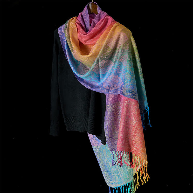 Nimara Ritual Spring Colorful Gradient Cashew Flower Pattern Tassel Cozy Scarf Shawl