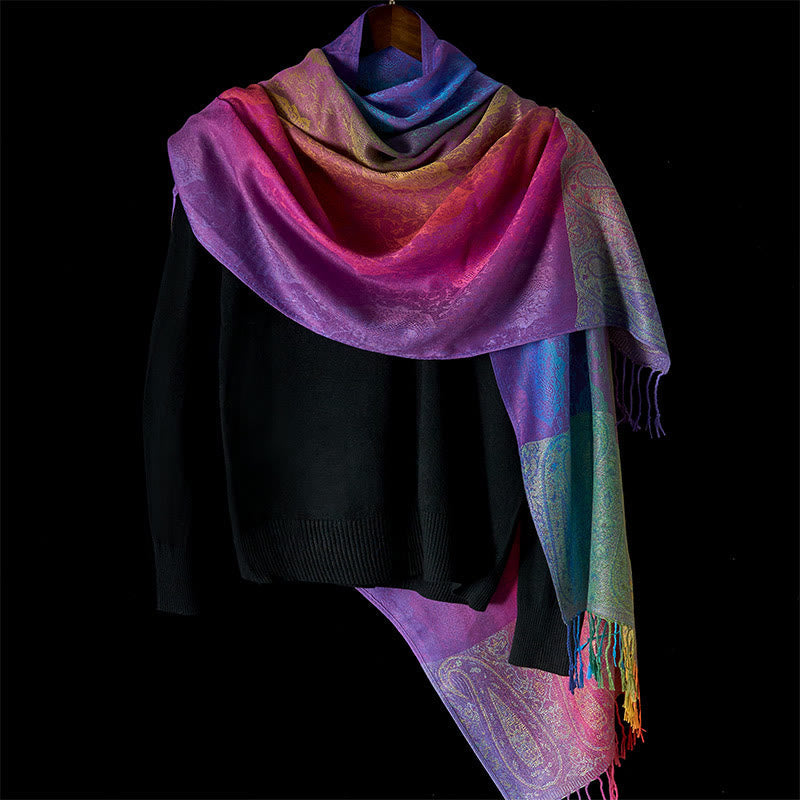 Nimara Ritual Spring Colorful Gradient Cashew Flower Pattern Tassel Cozy Scarf Shawl