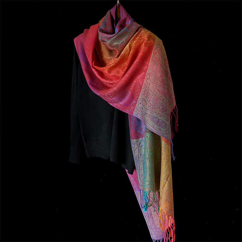 Nimara Ritual Spring Colorful Gradient Cashew Flower Pattern Tassel Cozy Scarf Shawl
