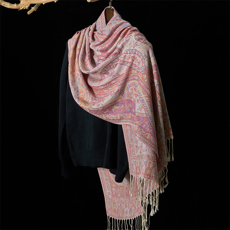 Nimara Ritual Spring Cashew Flower Leaves Vines Geometric Pattern Tassel Soft Scarf Shawl