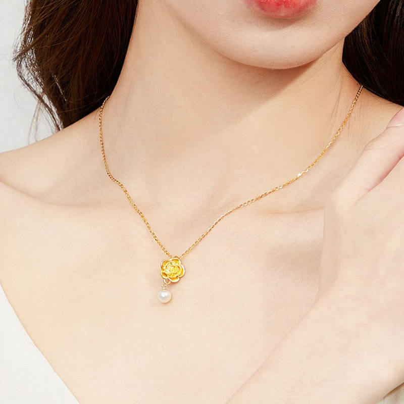 Nimara Ritual 999 Sterling Silver Plated Gold Camellia Pearl Healing Necklace Pendant