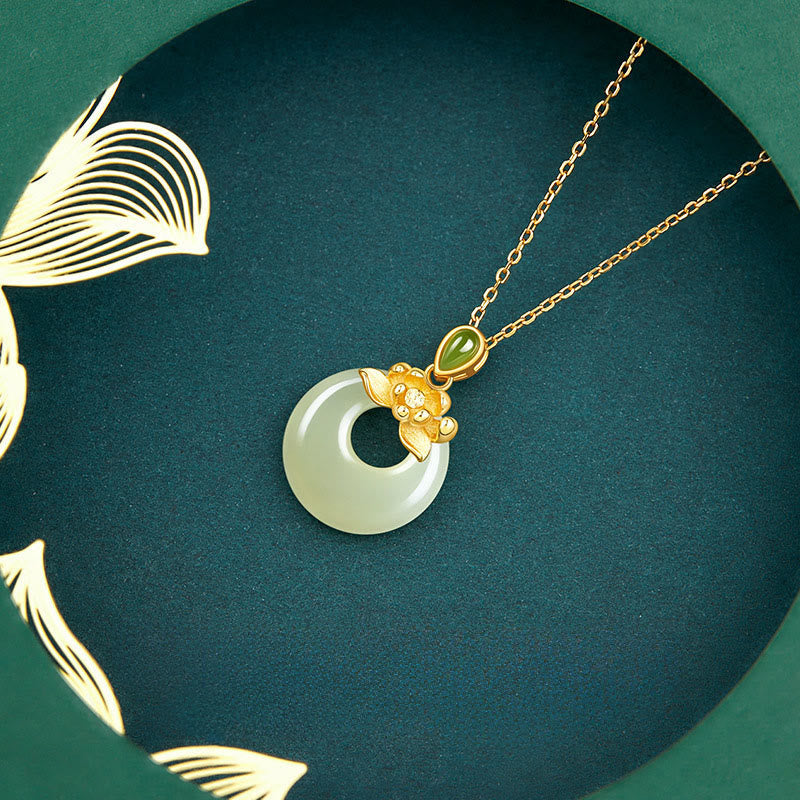 Nimara Ritual 925 Sterling Silver Plated Gold Hetian Jade Lotus Luck Necklace Pendant