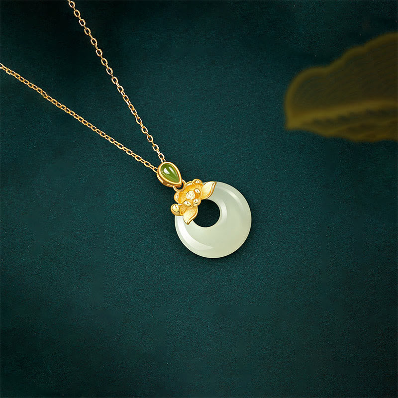 Nimara Ritual 925 Sterling Silver Plated Gold Hetian Jade Lotus Luck Necklace Pendant