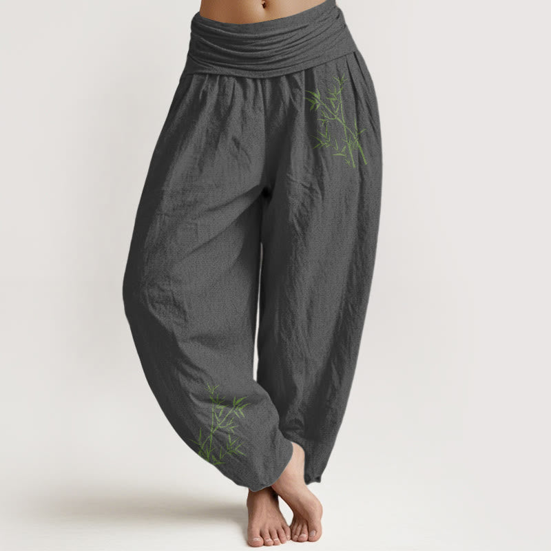 Nimara Ritual Green Bamboo Print Pattern Women's Elastic Waist Harem Pure Cotton Pants