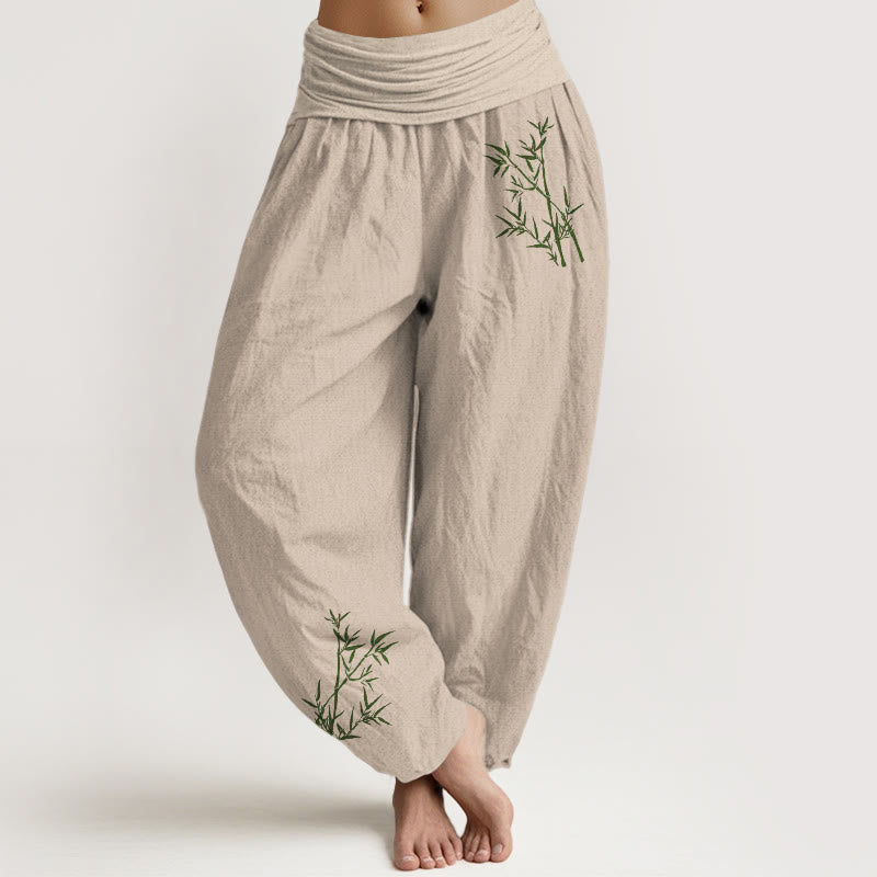 Nimara Ritual Green Bamboo Print Pattern Women's Elastic Waist Harem Pure Cotton Pants