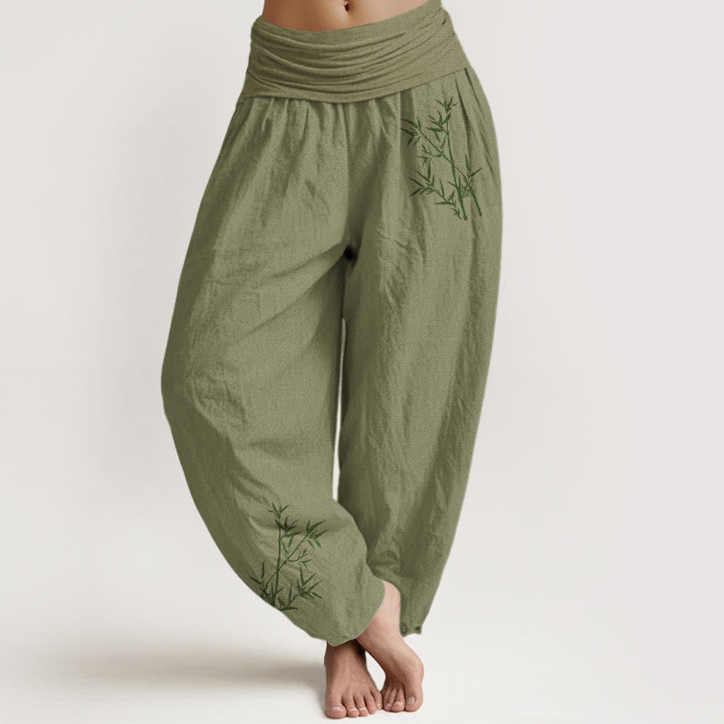 Nimara Ritual Green Bamboo Print Pattern Women's Elastic Waist Harem Pure Cotton Pants