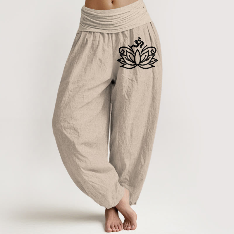 Nimara Ritual Lotus Flower Om Symbol Pattern Women's Elastic Waist Harem Pure Cotton Pants
