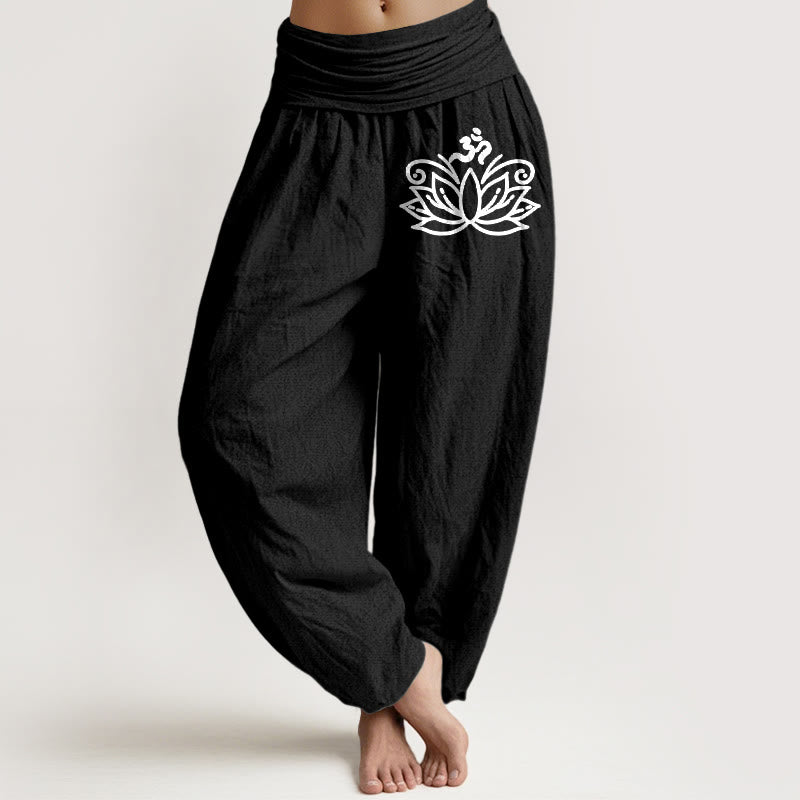 Nimara Ritual Lotus Flower Om Symbol Pattern Women's Elastic Waist Harem Pure Cotton Pants