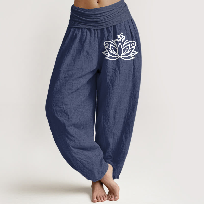 Nimara Ritual Lotus Flower Om Symbol Pattern Women's Elastic Waist Harem Pure Cotton Pants