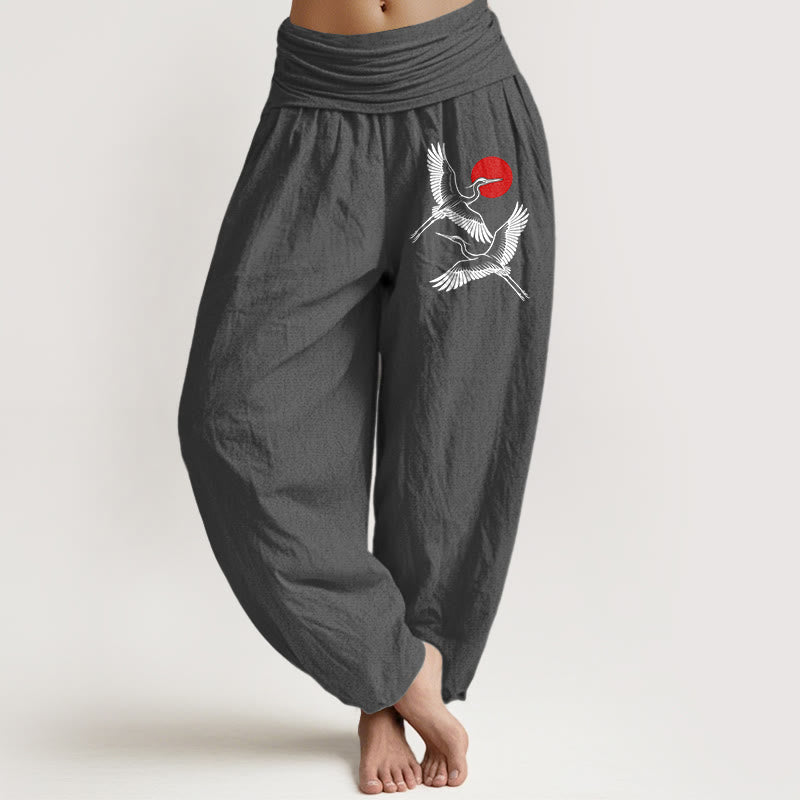 Nimara Ritual Red Sun Cranes Pattern Women's Elastic Waist Harem Pure Cotton Pants